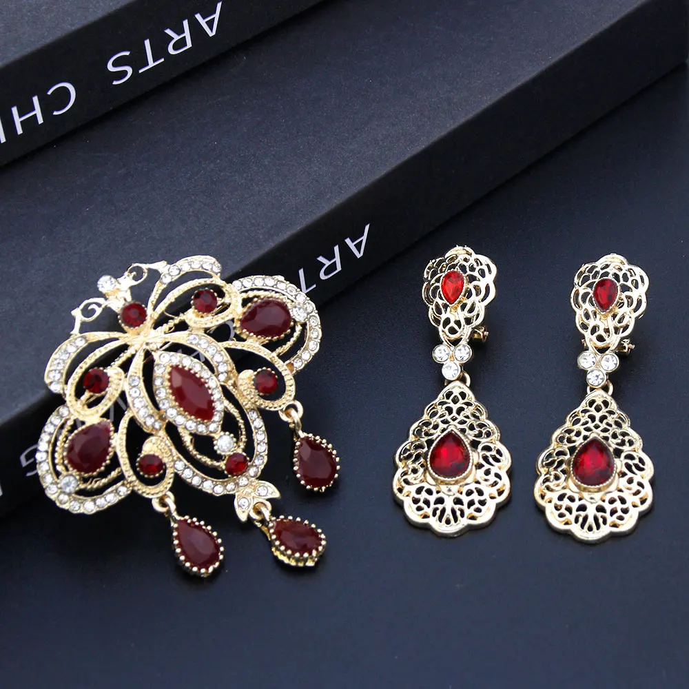 Sunspicems Gold Color Morocco Jewelry Bride Brooch Earring Sets Red Green Crystal Algeria Wedding Jewelry Sets Arab Hijab Pins