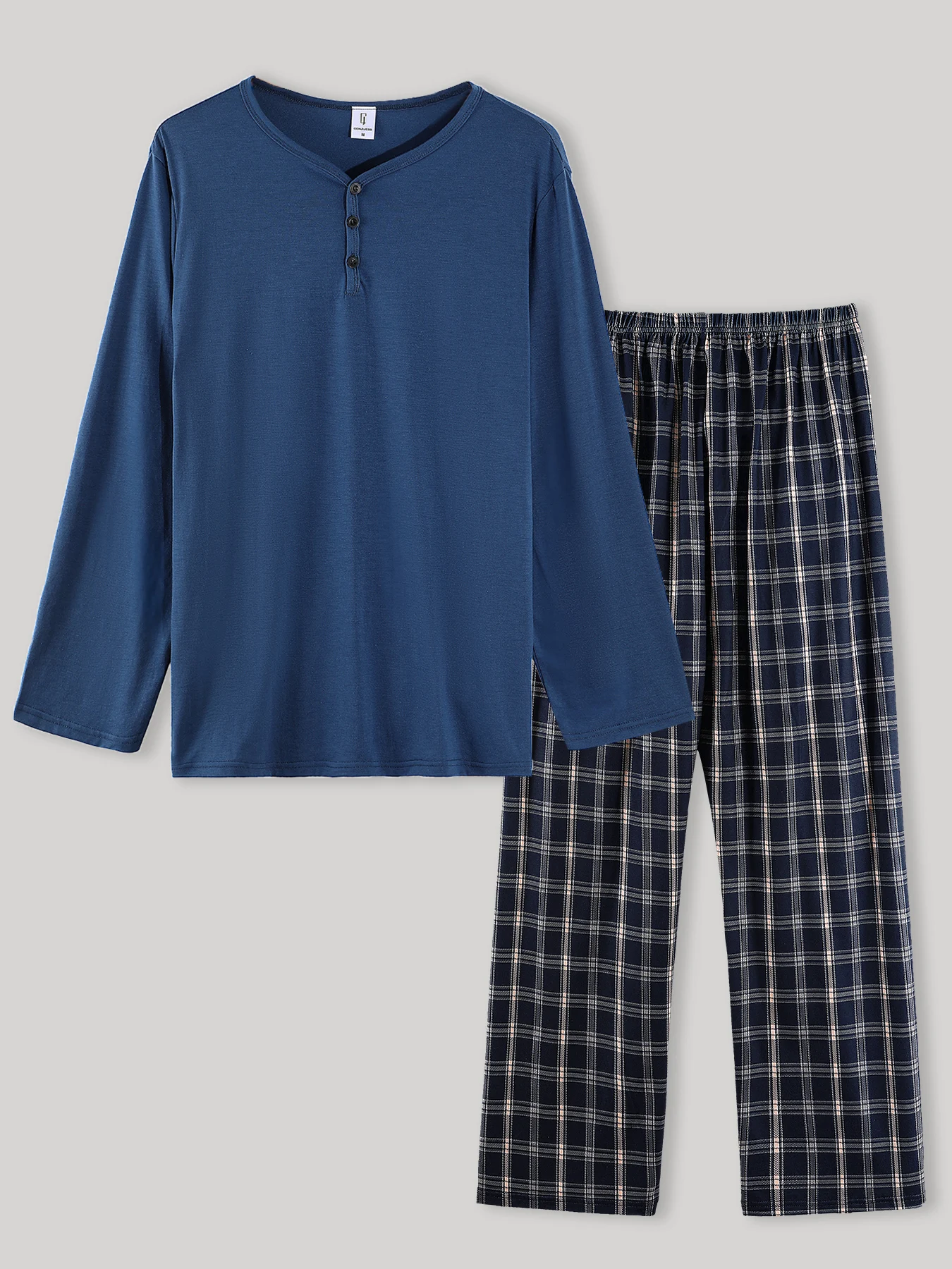 Men's Spring Autumn Blue Henry Collar Long Sleeve Shirt Plaid Pants Comfortable Outfit Set