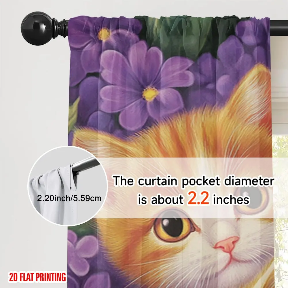 Cute Three Kitten Rod Pocket Curtain Orange Tabby Tuxedo Cat Purple Lilac Print Window Drapes Kids Bedroom Nursery Home Decor