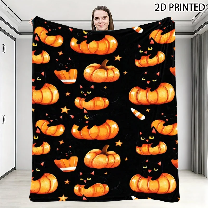 Cute Halloween Themed Throw Blanket with Playful Pumpkin, Black Cat And Candy Corn Prints, Multiple Specifications Available, Fe