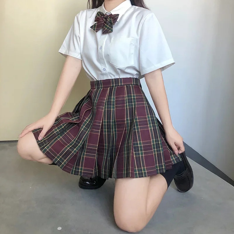 Uniformi JK sexy Camicia uniforme stile college giapponese Uniforme da ragazza scolastica Vita alta Gonna scozzese a trapezio Set completo da donna estiva
