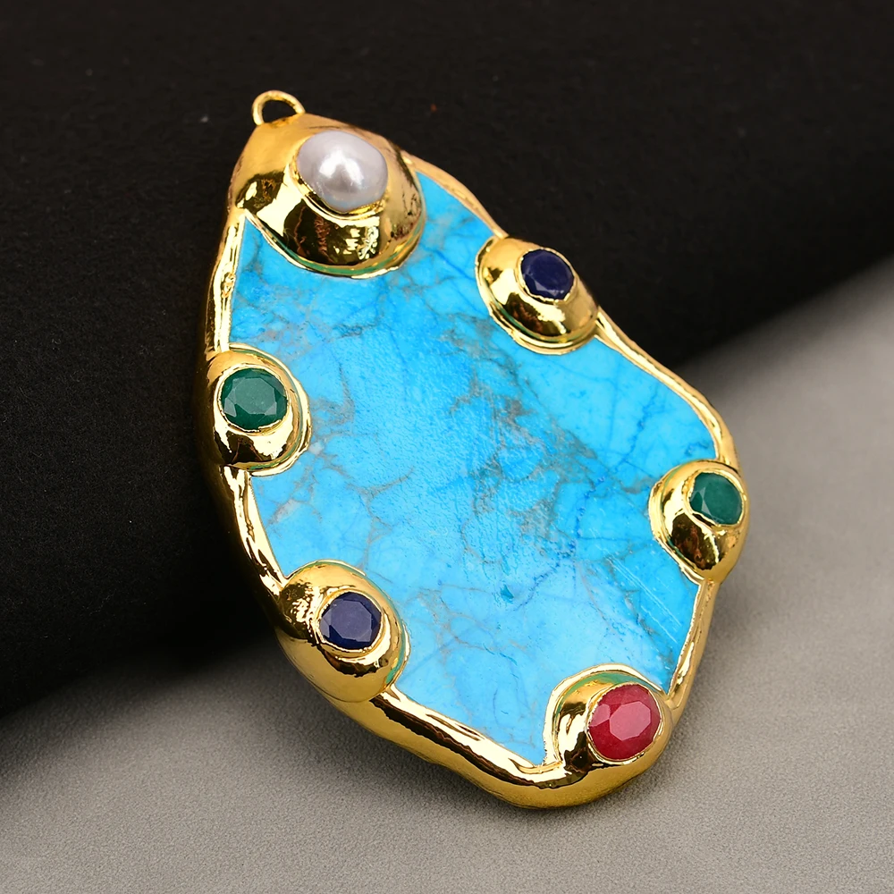 

APDGG 2 Pcs Big Blue Turquoise Slice Cultured White Pearl Mix Color Jade Paved Freefrom Charms Pendant