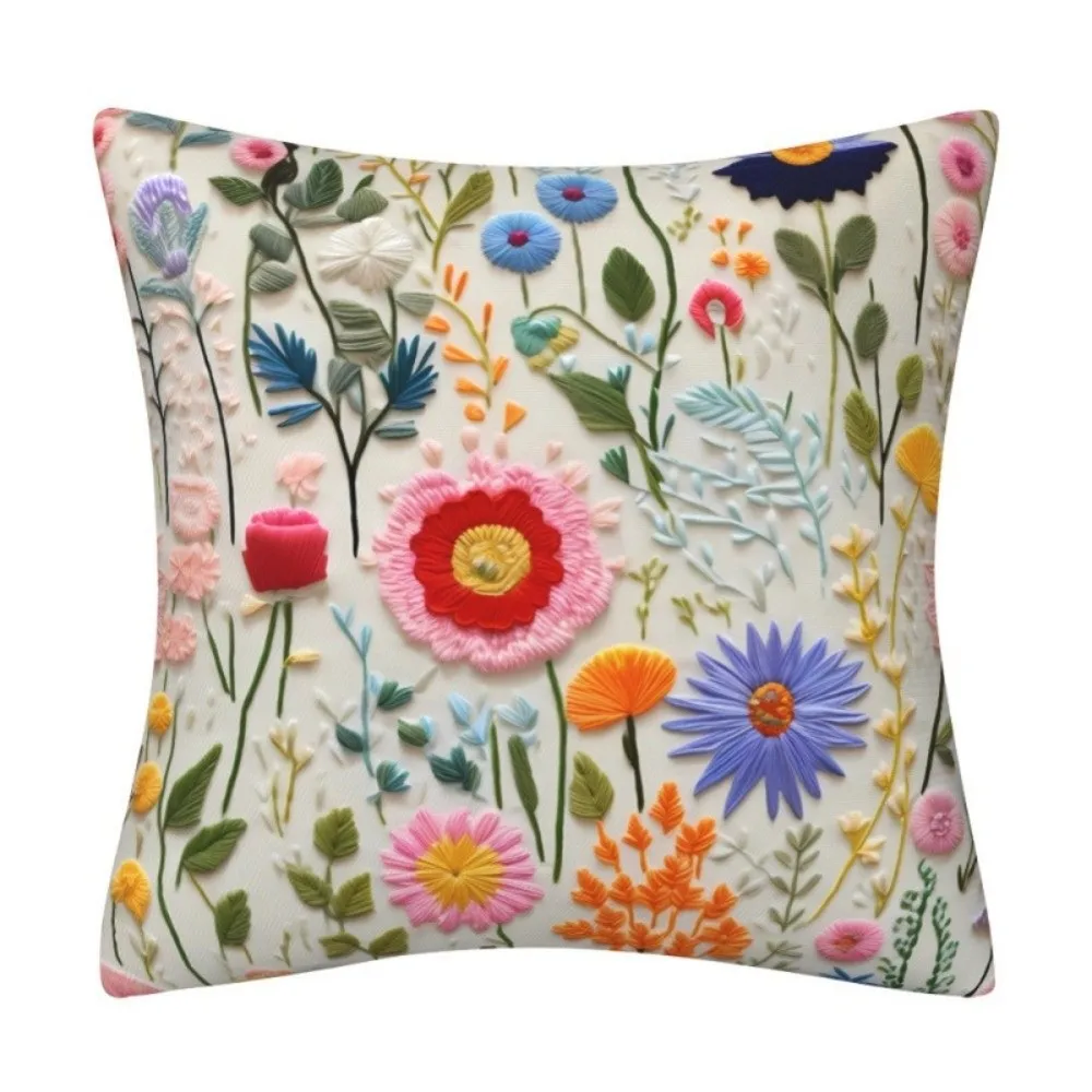 3D Embroidered Cushion Covers Single Sided Flower Pattern Throw Pillow Covers 45 x 45 Square Linen Sofa Pillow Case Home Decor