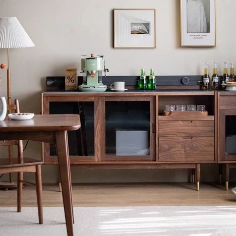 Living room solid wood dining side cabinet rock slab simple walnut storage floor locker