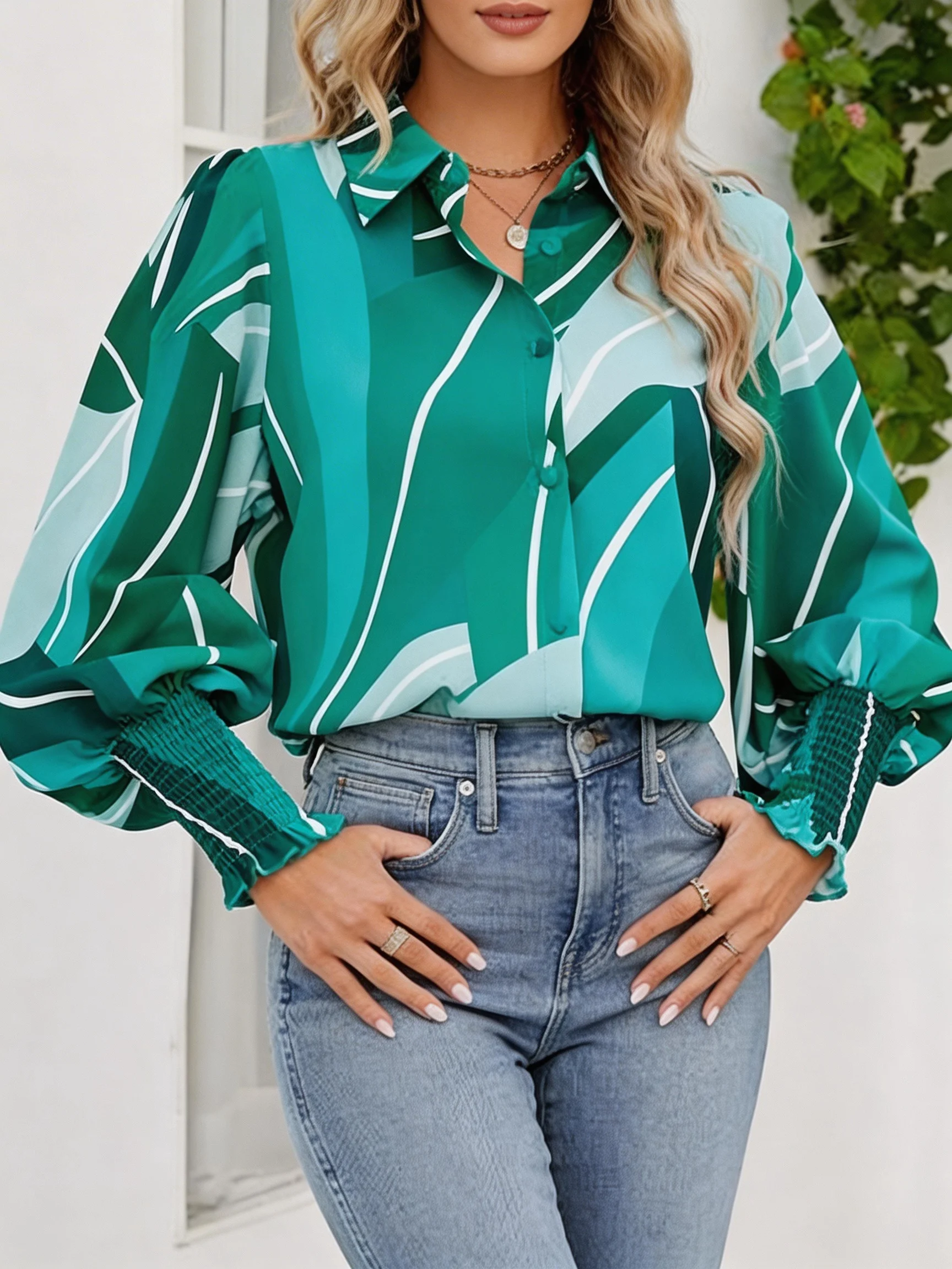 

Green Print Lantern Sleeve Shirt Women's Spring Autumn Lapel Button Up Blouse Casual Loose Fit Office Top