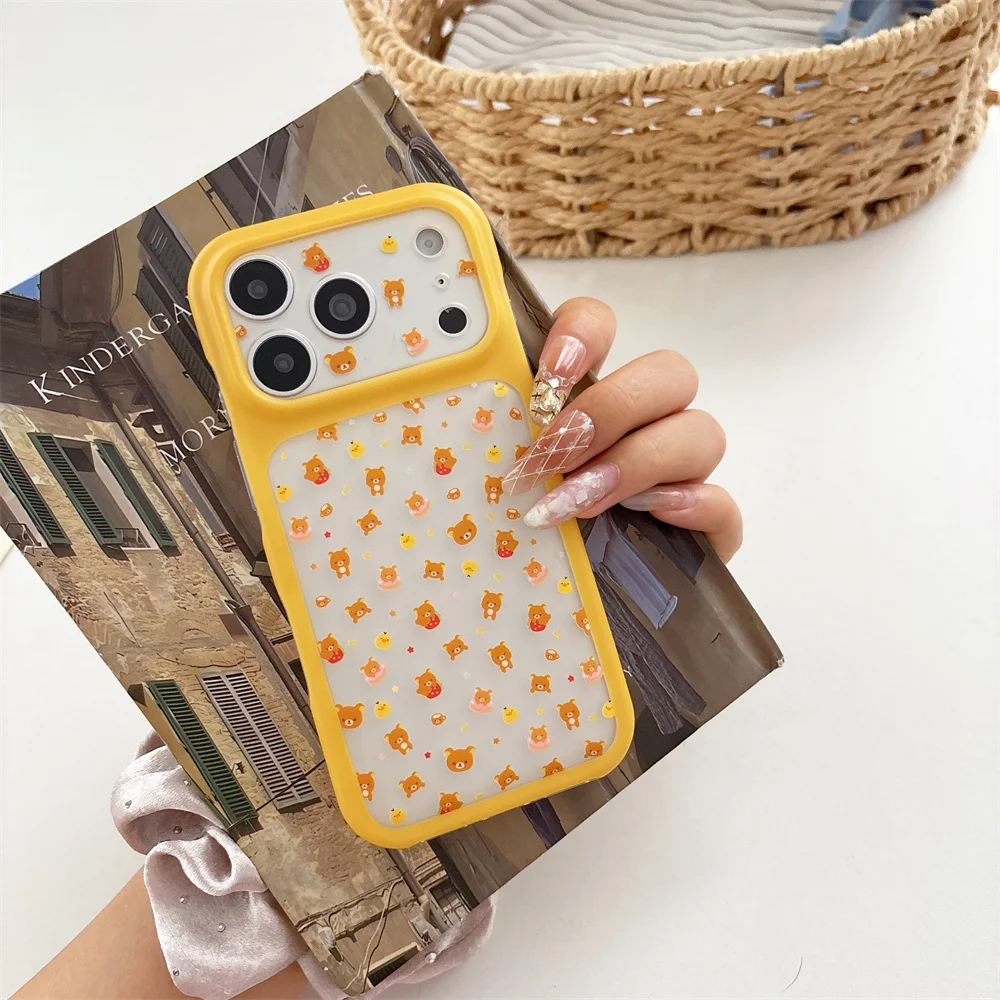 Cute Print Bear Donut Case For iPhone 15 16 17 ProMax Yellow Frame Transparent Clear Shockproof Protective Phone Cover For Girls