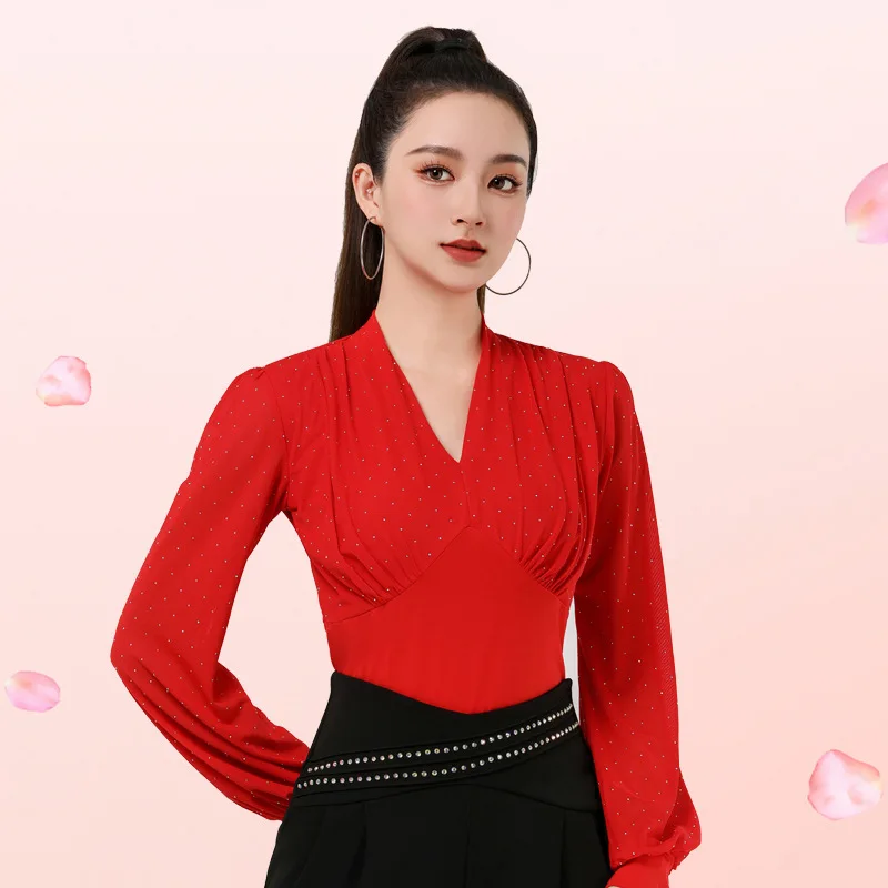 

New V-neck Hot Diamond Square Dance Suit Female Long-sleeve Jitba Sailor Dance Social Dance Shirt