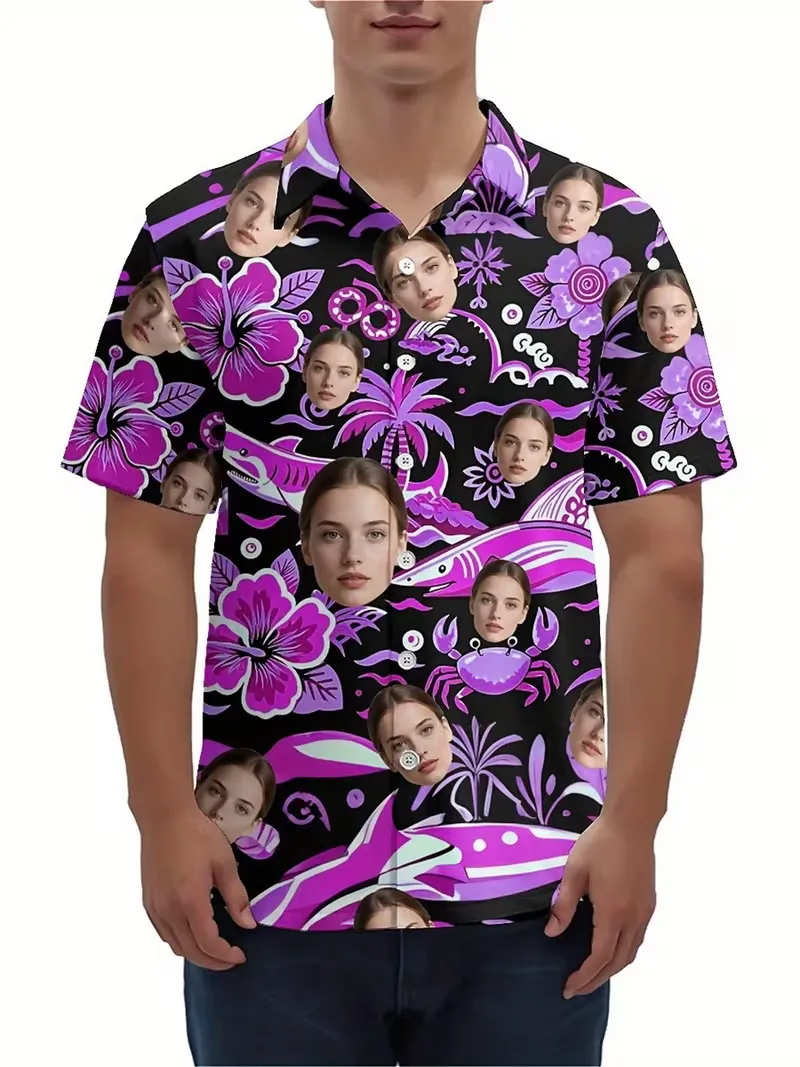 

Индивидуальная гавайская рубашка для мужчин и женщин с персонализированным фотопринтом, отложным воротником, на пуговицах, с коротким рукавом, для пляжа