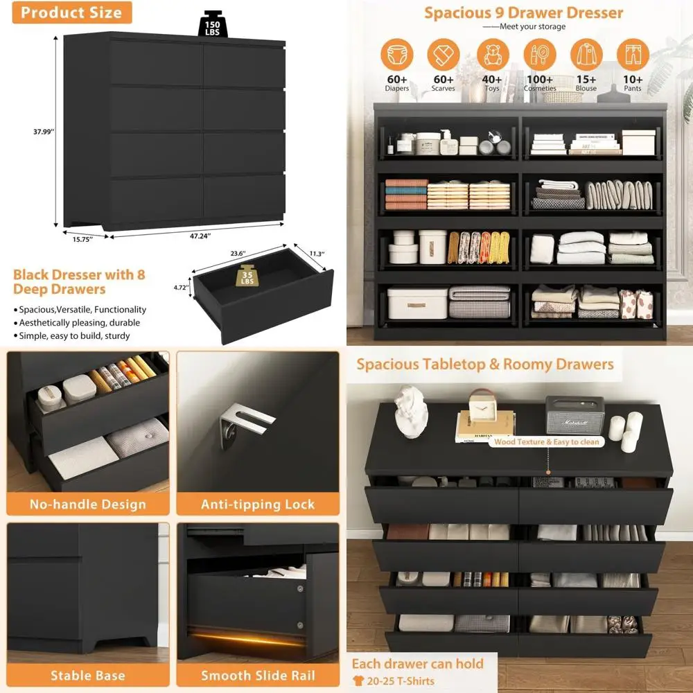 

8 Drawer Dresser: Deep Storage Chest or Spacious Double Drawer Cabinet for Bedrooms, Closets, Living Spaces, and Kids' Rooms - S