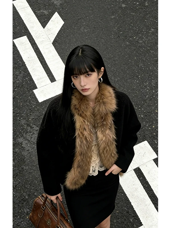 

Ele Knitted ort Coat Women's Autumn Winter Loose Long Sve Faux Fur Collar Cowl Ne Warmth Casual Slimming Cardigan