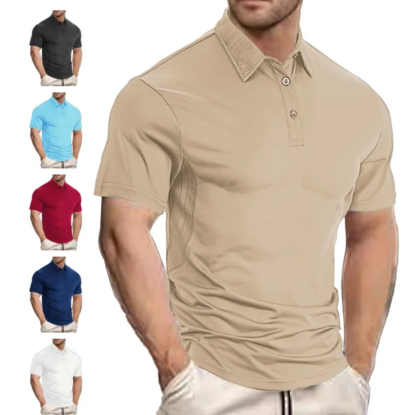 Summer Men Splice Texture Polo Tee Multi‑color Lapel Collar Casual Commute Short Sleeve Top