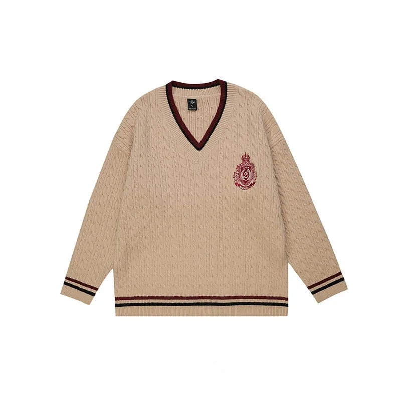 

Autumn Winter Embroidered Color-blocking Casual Loose All-match Knitwear Women Retro College Style V-neck Stacked Sweaters