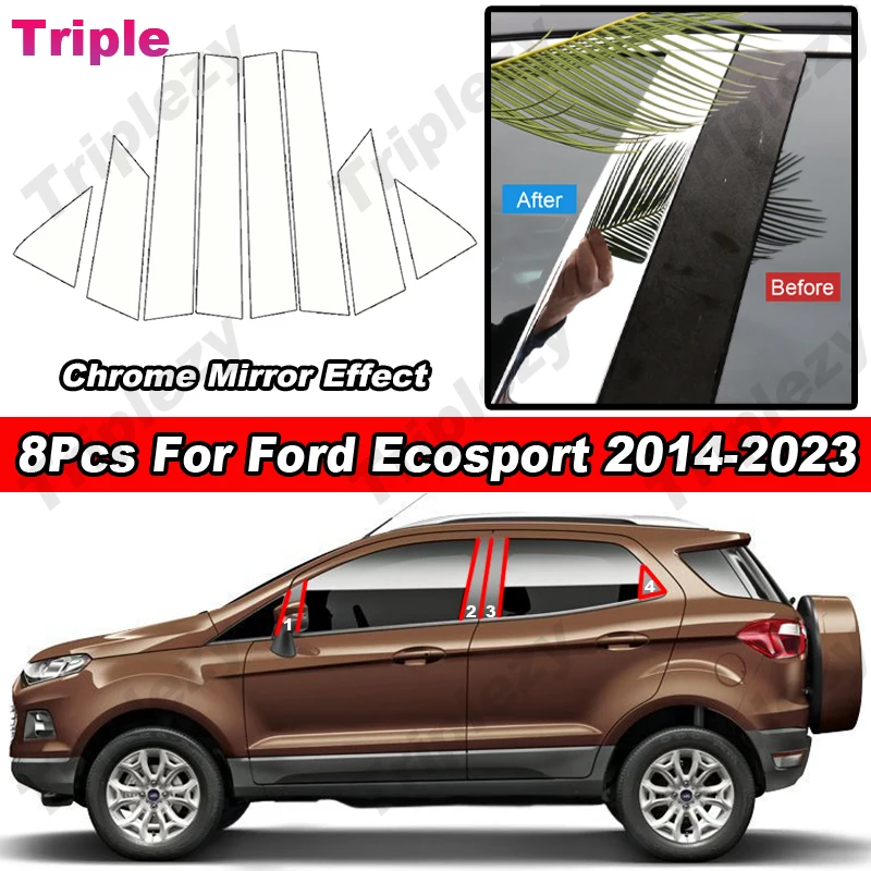 8Pcs Glossy Chrome PC Material Car Door Window Center Middle B C Pillar Post Cover Trim Accessories For Ford Ecosport 2014-2023