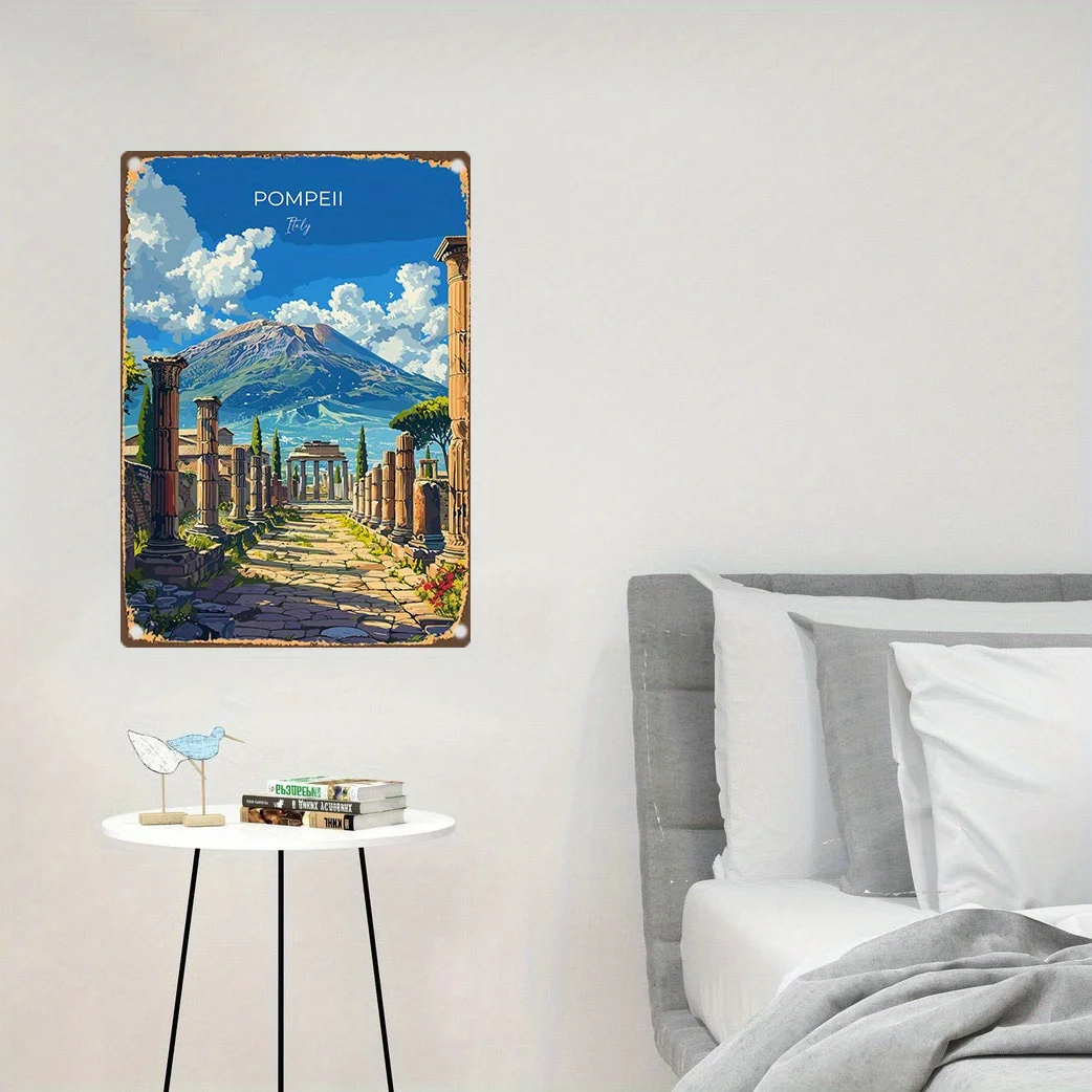 DDPNKL Vintage Pompeii ديكور فني جداري إيطالي لوح من القصدير المعدني الحديدي مع منظر طبيعي Vesuvius وأعمدة رومانية وأشجار السرو