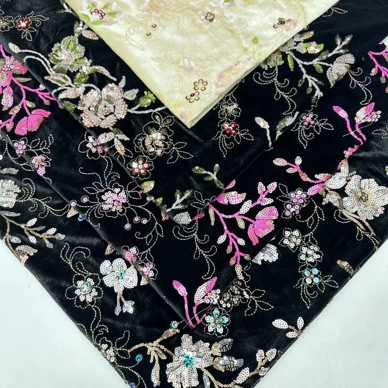 Floral Sequin Embroidered Velvet Fabric Ethnic Decorative Lace Trim Cloth for Children Skirt Kids Outfit DIY Sewing Material