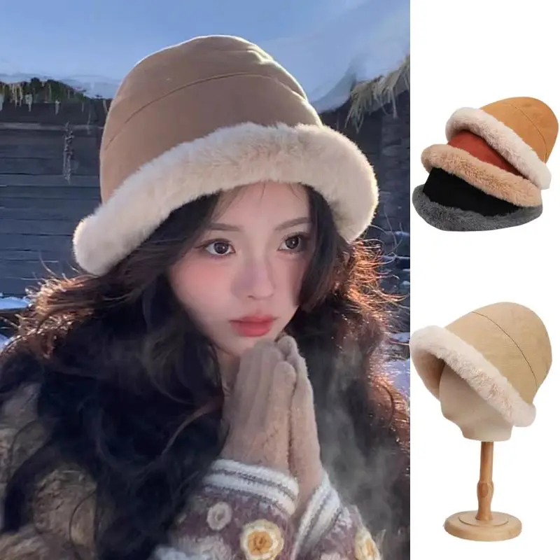 2024 Y2k Fluffy Faux Fur Bucket Hats Women Rabbit Fur Warm Thick Plush Winter Hat Lady Fashion Luxury Panama Furry Fisherman Cap