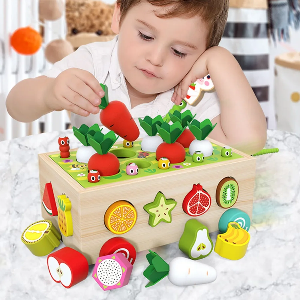 Wooden Material Shape Sorting Toy Multifunctional Carrot Pull Wooden Toy Car Montessori Car Puzzle Puzzle Game Toy Kids