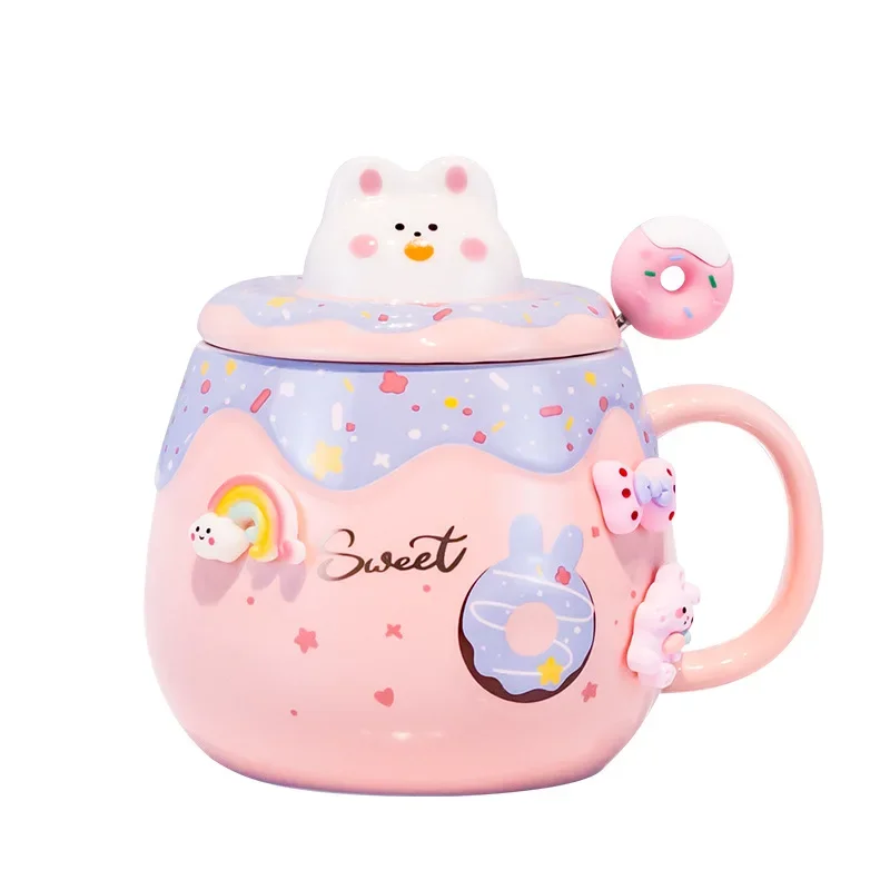 Cute Donut Ceramic Mug With Lid Spoon Pink Girl Office Student Coffee Mugs For Couple Large Capacity Milk Tea Drinking Water Cup