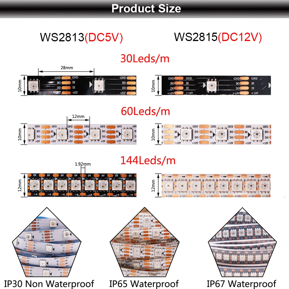 WS2812B WS2811 WS2815 WS2813 Smart Pixel RGB LED Strip WS2812 indirizzabile individualmente 30/60/144 LED/m Tape Light DC5V DC12V