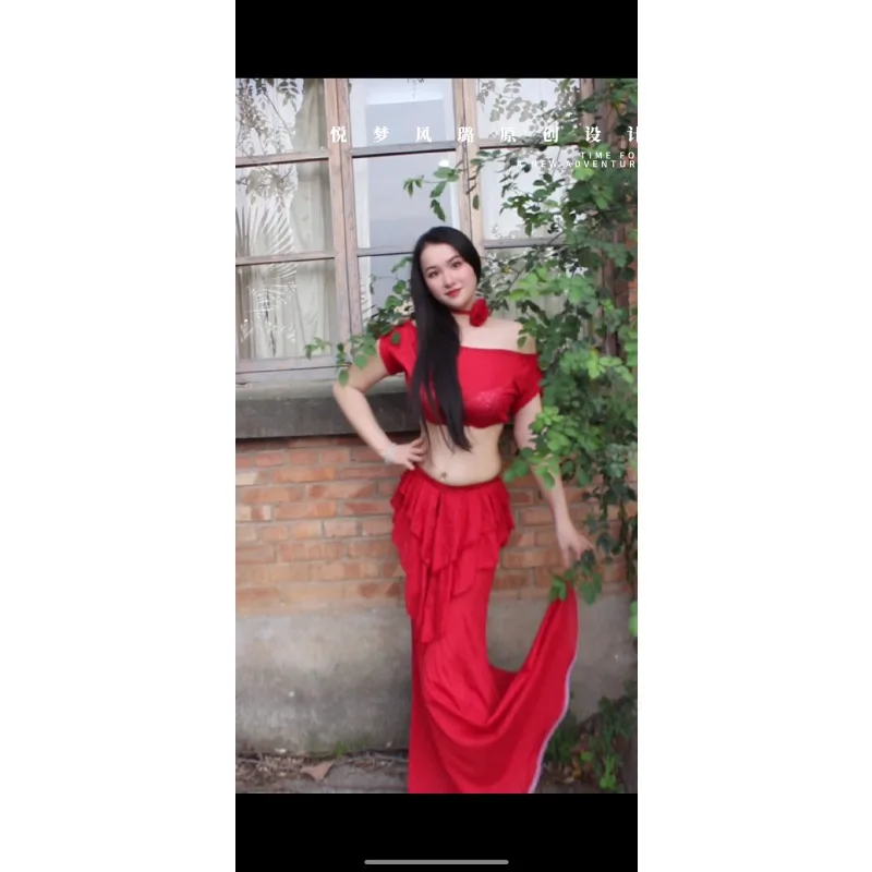 Customized Belly Dance Costume Set Performance Dress Sexy Temperament Practice Clothes Red Fish Tail Skirt Beginner Dancewear