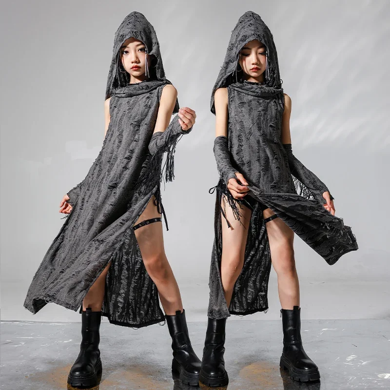 

Kids Streetwear Children Street Dance Stage Costumes Girls Hip Hop Crop Long Hoodie Tank Top Oversleeve Black Shorts Clothes