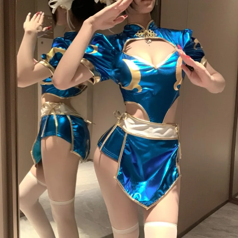 أزياء أنيمي تشون لي التأثيرية فساتين شيونغسام صينية مثيرة باللون الأزرق مع أغطية الرأس تناسب ملابس حفلات الهالوين النسائية