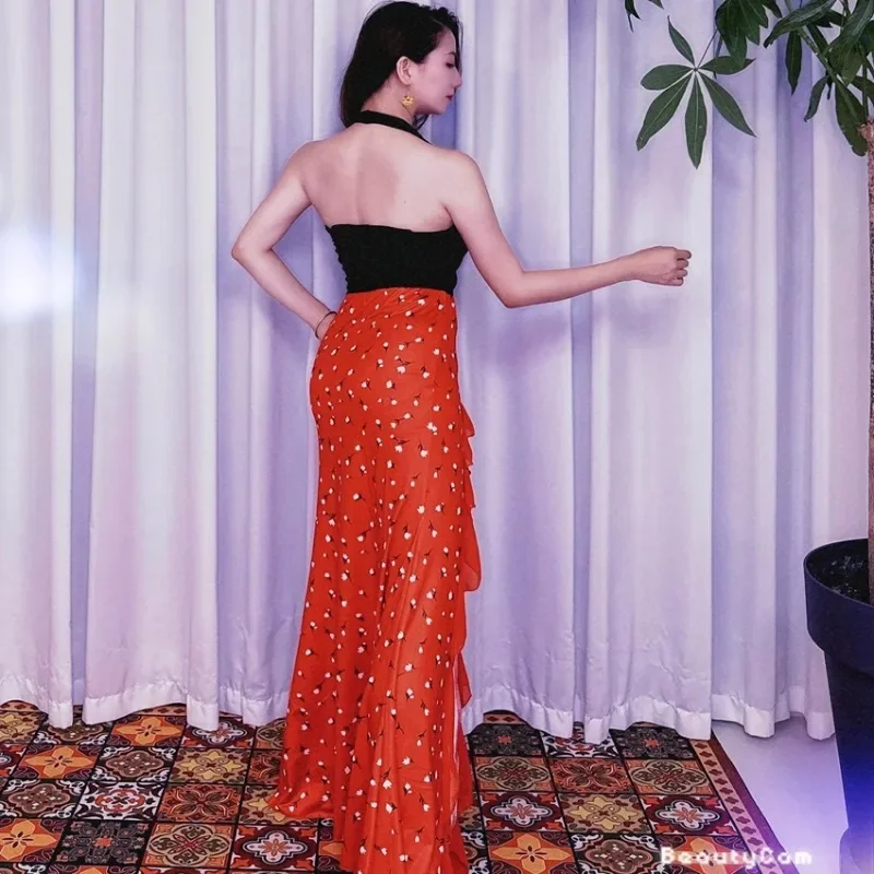 ที่กําหนดเอง Swegal Oriental Belly Dance ชุดแจ๊สดอกไม้สีแดงแยกสะโพกกระโปรงแขวนคอ Tank Top Caderines Danza Arabe