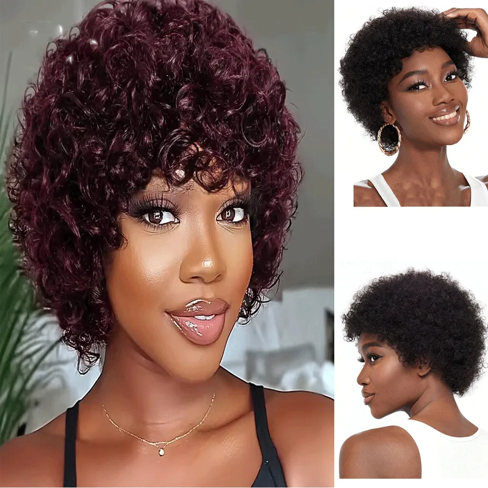 

Short Red Kinky Curly Wigs Full Machine Made WIgs with Brazilian Human hairs on sale for Women Cosplay and Dress Up