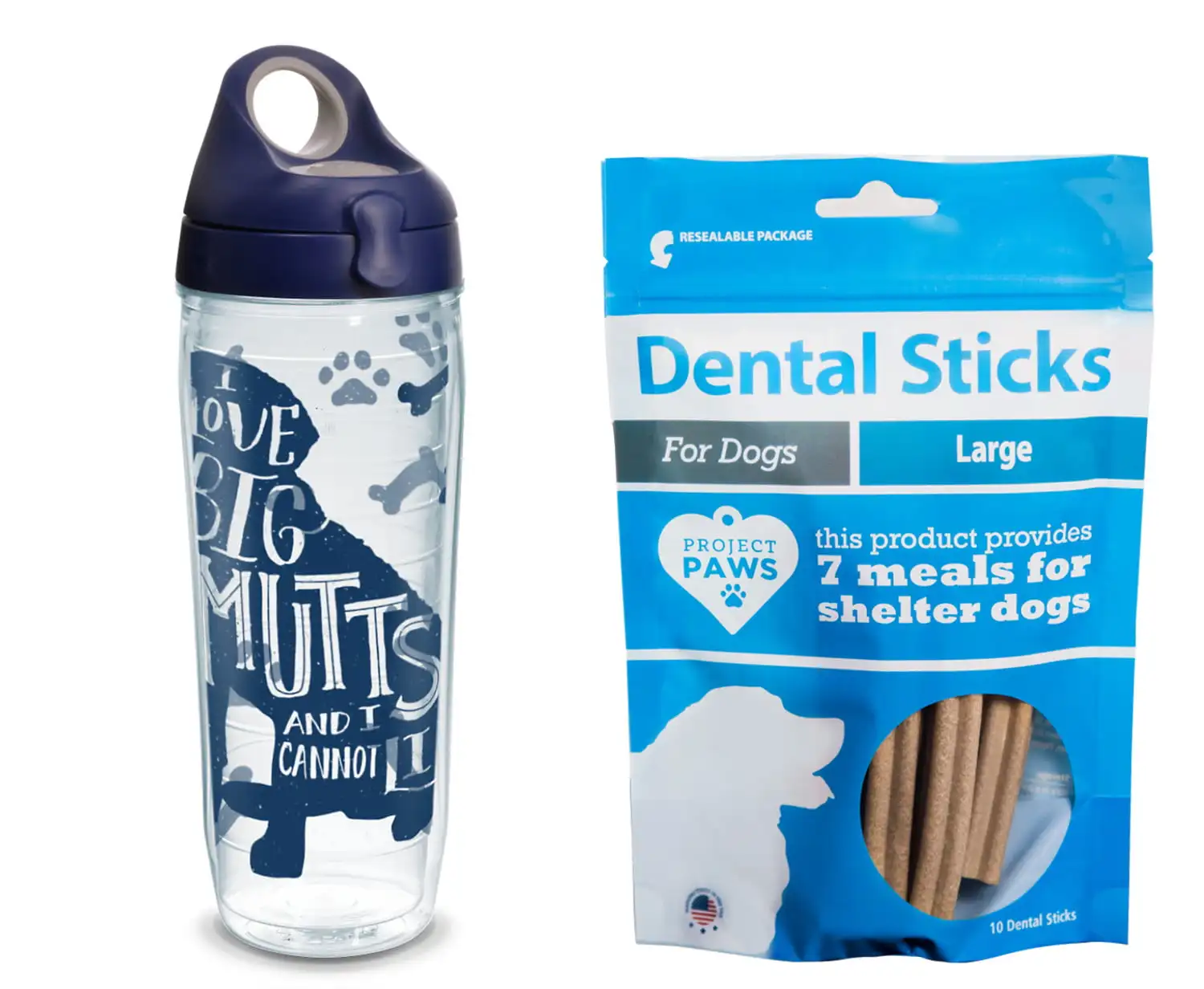 

Project Paws I Love Big Mutts and I Cannot Lie 24 oz Water Bottle with navy lid with Dental Sticks Large