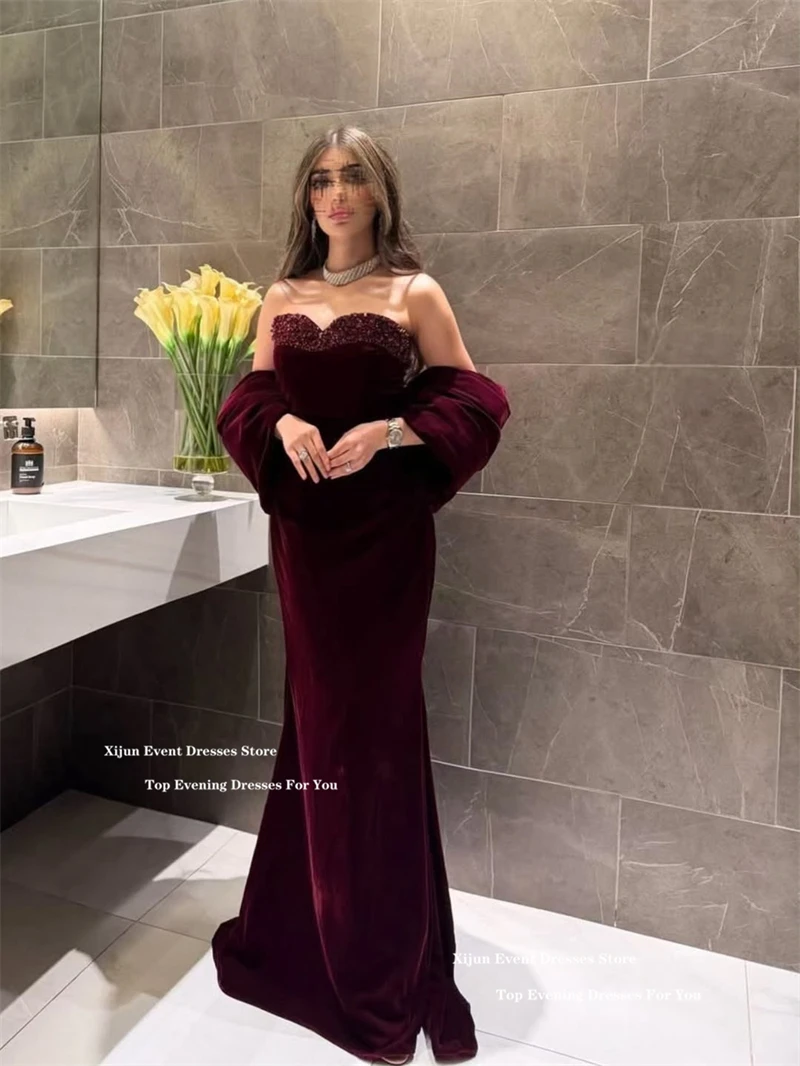 Xijun Burgundy Velvet Mermaid Evening Dresses Sweetheart Detachable Sleeves Formal Prom Dresses Beads Luxury Prom Gown Customize