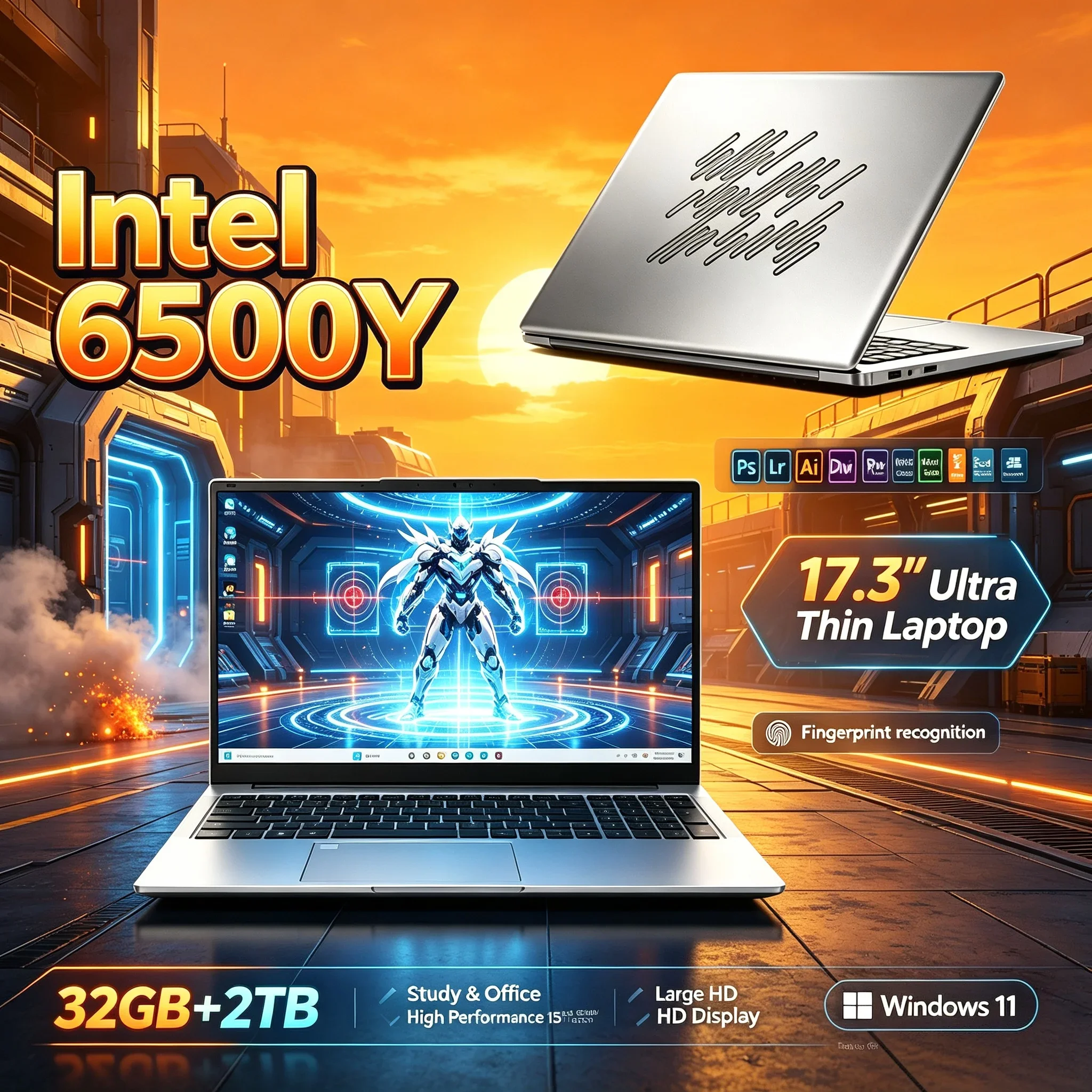 Portable Notebook PC 17.3'' Inch HD Intel 6500Y 32GB RAM 2TB SSD Win11 WiFi6 BT5.2 Large Display Laptop For Study Office Home