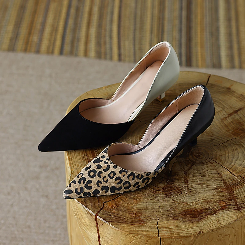 2024 Spring Women Shoes Leopard Print Shoes for Women Pointed Toe Chunky Heel Shoes Slip-On Women Pumps Concise High Heel Shoes