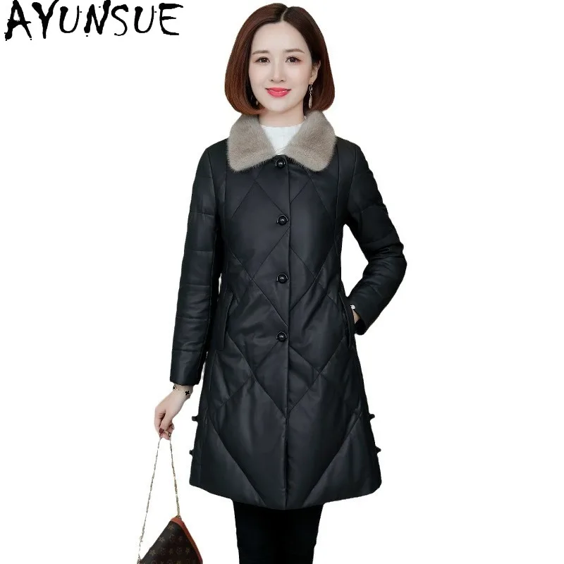 AYUNSUE トップ層シープスキン本革ジャケット女性の冬服 2025 ミンクの毛皮の襟ホワイトダックダウンコート Jaqueta Couro