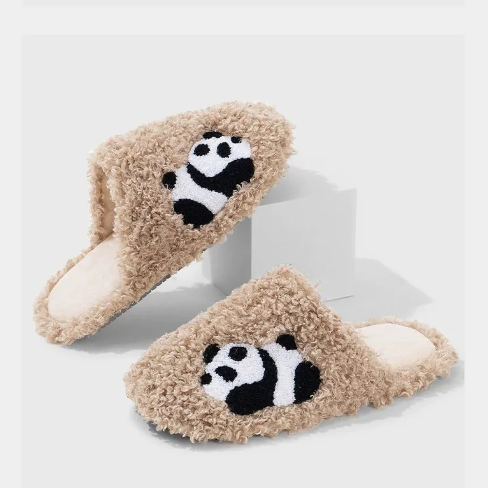 

New Winter Indoor Slippers for Women Panda Embroidery Soft Sole Non Slip Furry Toe Covered Cotton Slippers Curly Plush Warm