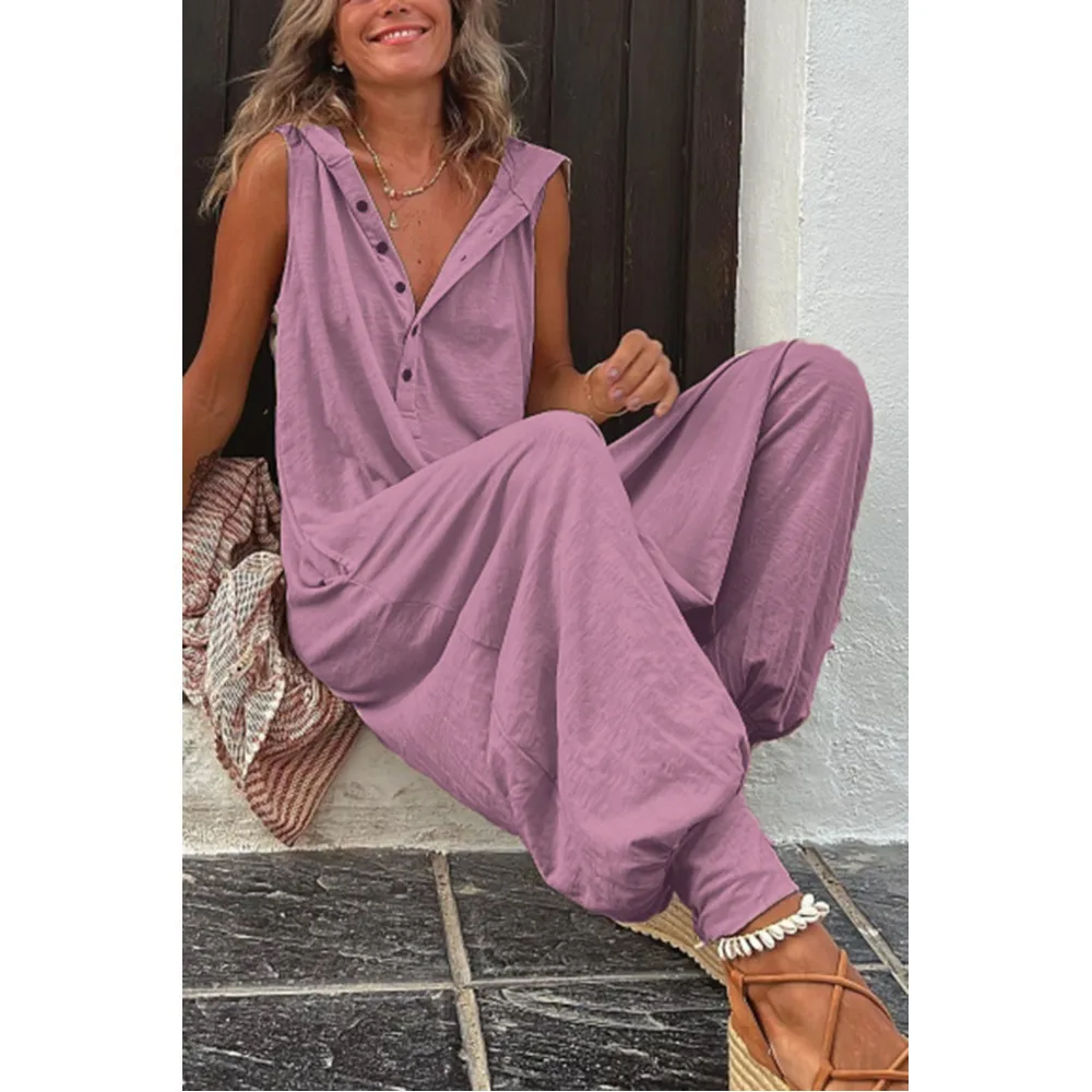 Trendy Womens Fashion Button Detail Hooded Sleeveless Jumpsuit Wide Leg Palazzo Pants Overalls Casual Streetwear Outfit