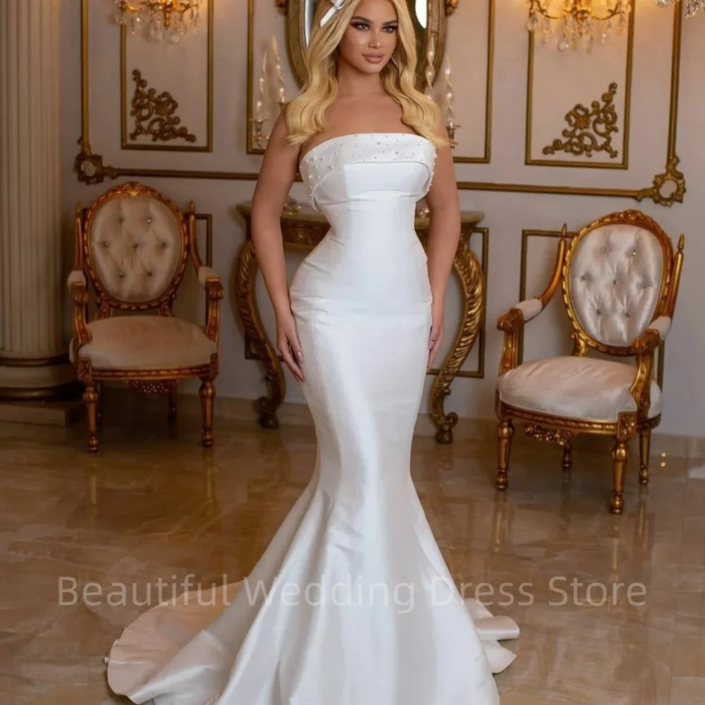 

Graceful Strapless Satin Mermaid Wedding Dresses Pearls Arabic Bridal Gowns Sweep Train Robe Custom Vestido De Novia