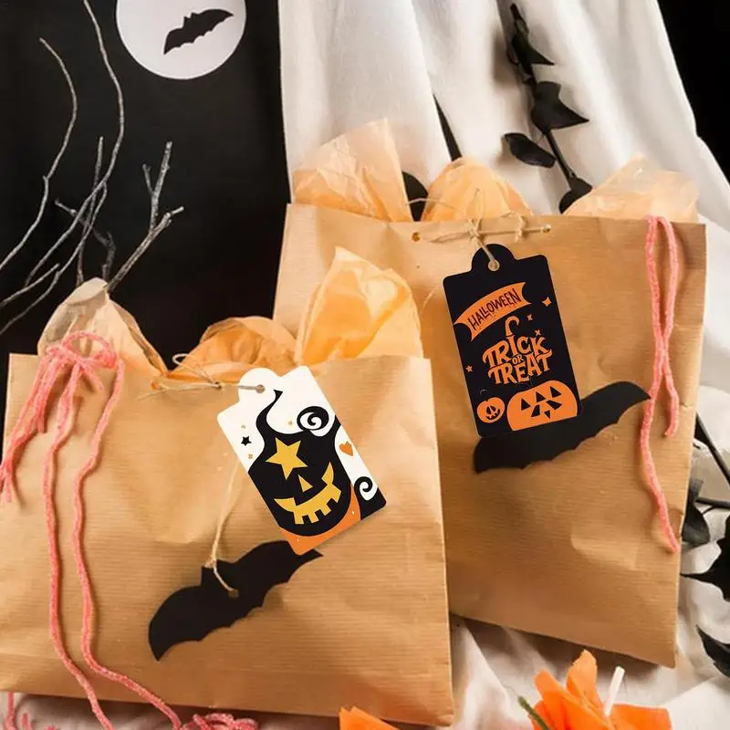 Ghost Tags 80Pcs Trick Or Treat Tags With String Halloween Paper Tags 8 Styles Pumpkin Bat Tags For Happy Halloween Party Favor