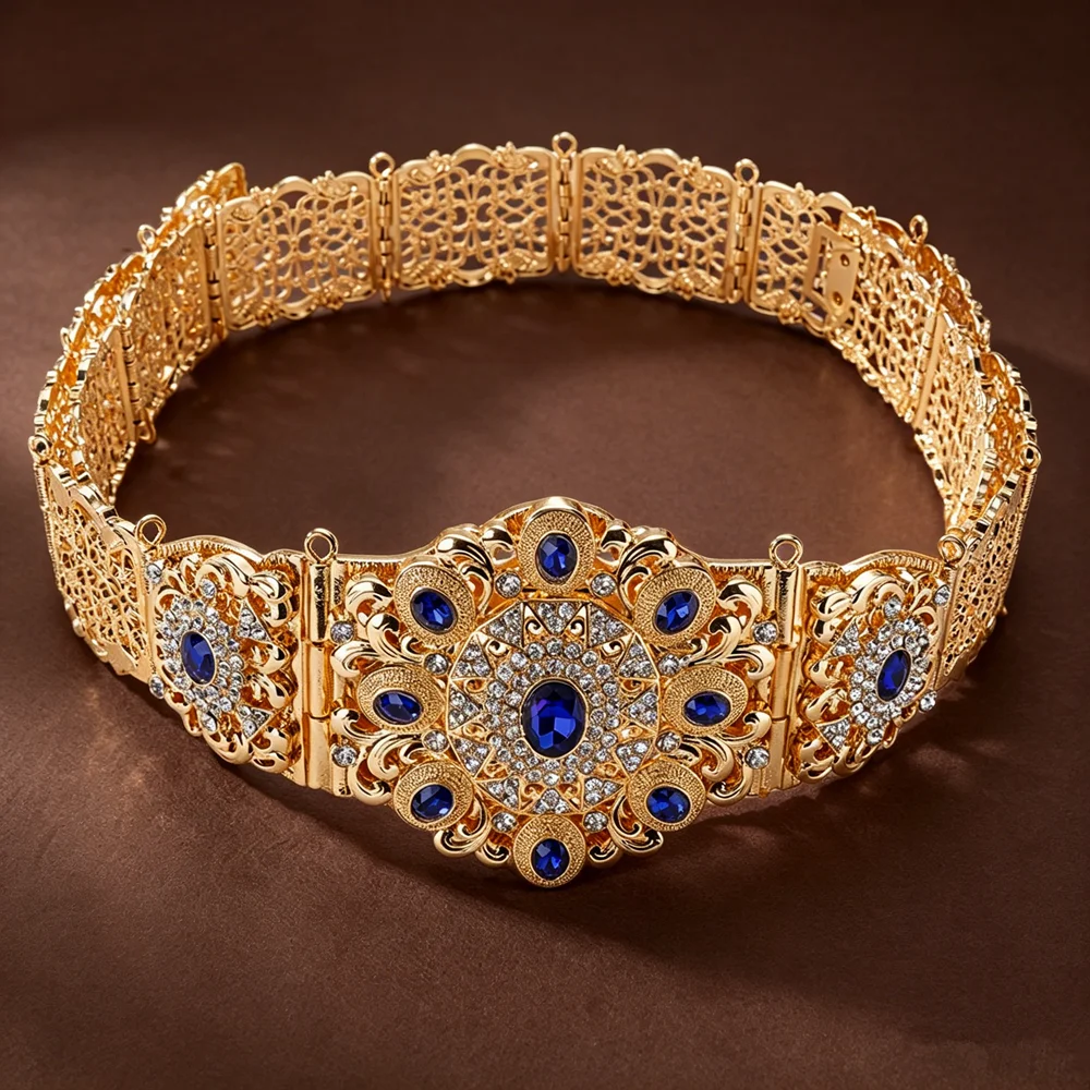 Court Style Retro Gold-plated Belt Exaggerated Red Gemstone Inlaid Waist Chain for Party Dress