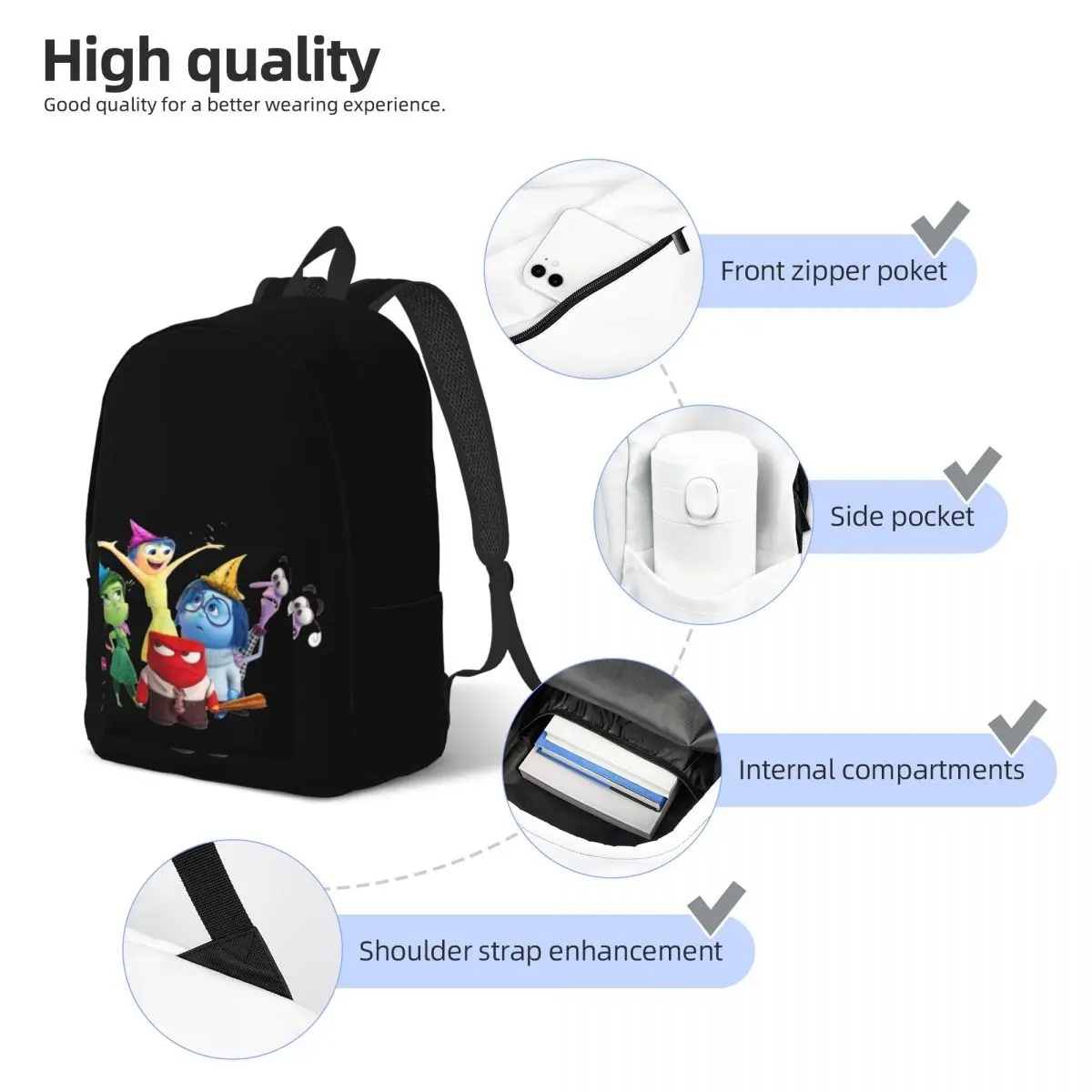 Mochila de emoções dos desenhos animados de dentro para fora, estudante universitário, mochila de filme, mochila para adolescentes, caminhada, 2 peças, 2024