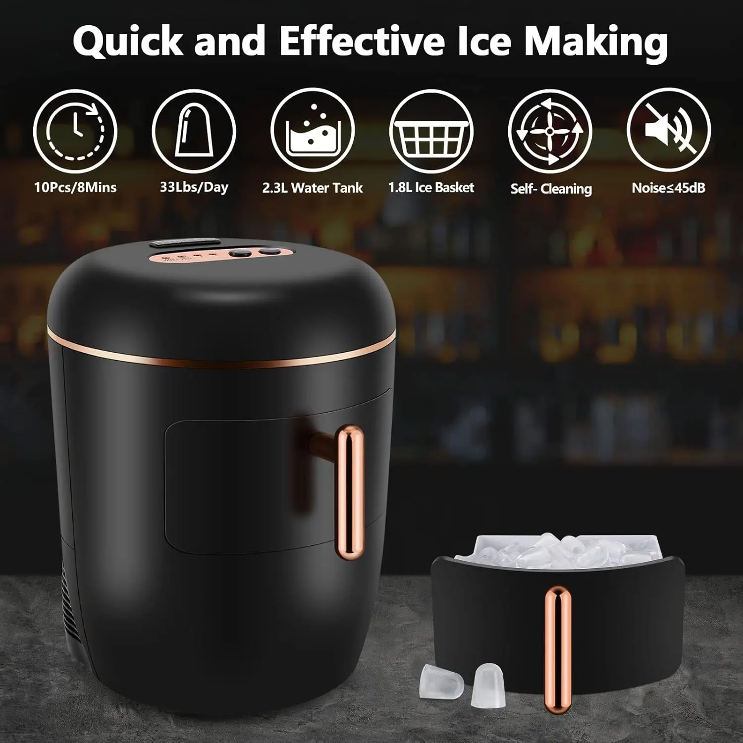 Dessus de seau de machine à glaçons au design rétro, glace transparente, réservoir d'eau 2,5 qt et 2 tailles de glace (S/L), 10 pièces en 8 minutes, 33lb/jour