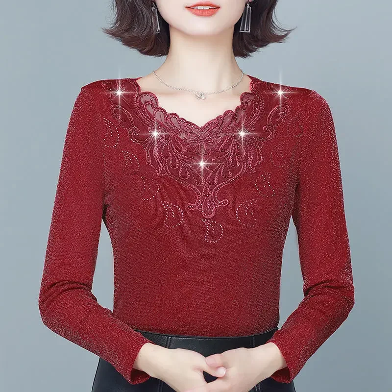 Female Autumn New Lace Shirts Long Sleeve Bottoming Ladies V-neck Patchwork Print Blouse Top Pullovers G890