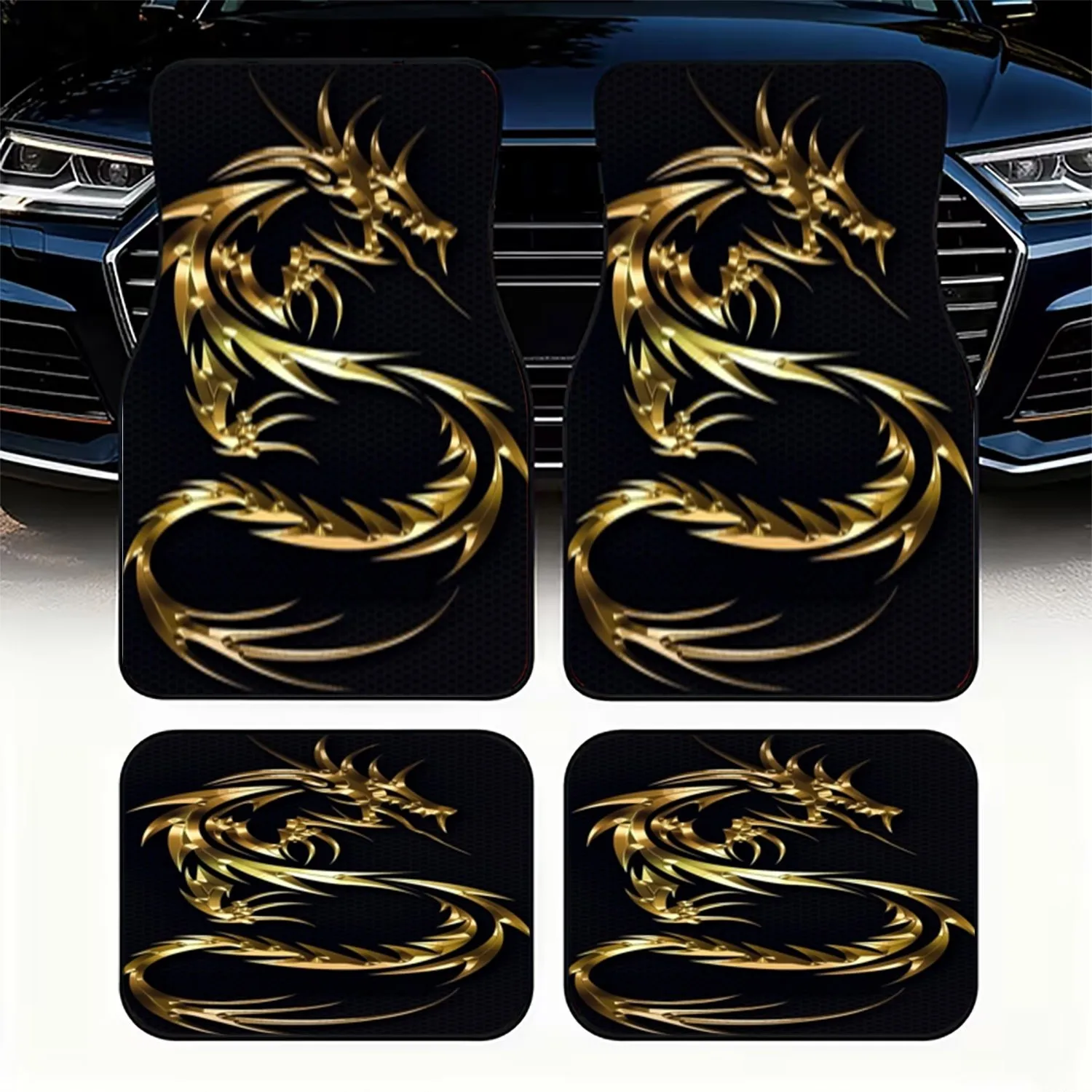 4pcs Car Floor Mats, Stylized Golden Dragon Design, Material, Bold & Ornate Aesthetic, Dynamic Serpentine Form, Sharp Geometric