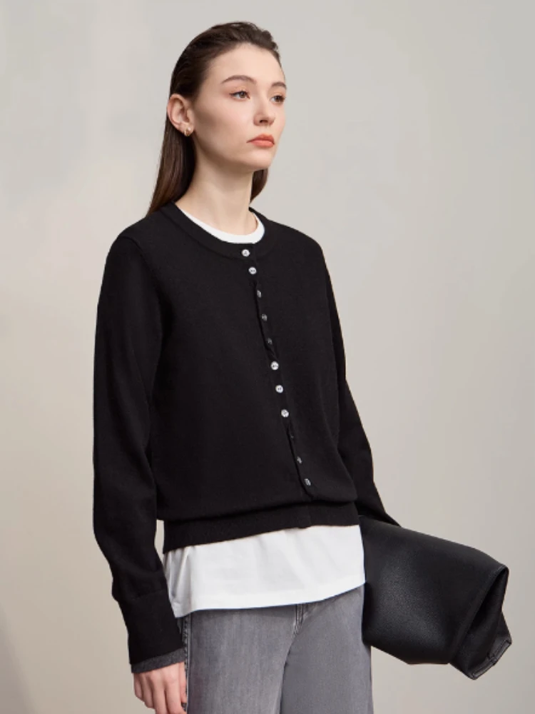 AMII Cardigan For Women 2025 Autumn New Minimalist Solid Color Cardigans Lady Round Neck Single-breasted Women's Sweater12523094