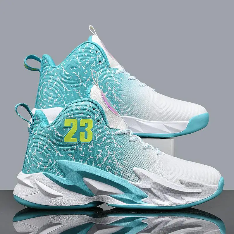 حذاء رياضي كاجوال للرجال عالي الجودة مطبوع عليه حروف منسوجة مقاس 2025 35 45 حذاء رياضي للجري في الهواء الطلق حذاء كرة السلة أبيض وأزرق ورمادي