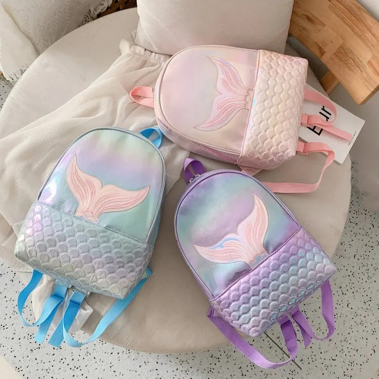 Sac à dos classique ombré brodé personnalisé, queue de sirène et écailles de poisson, fermeture éclair brodée, PU Preppy, sacs cadeaux pour la journée des enfants