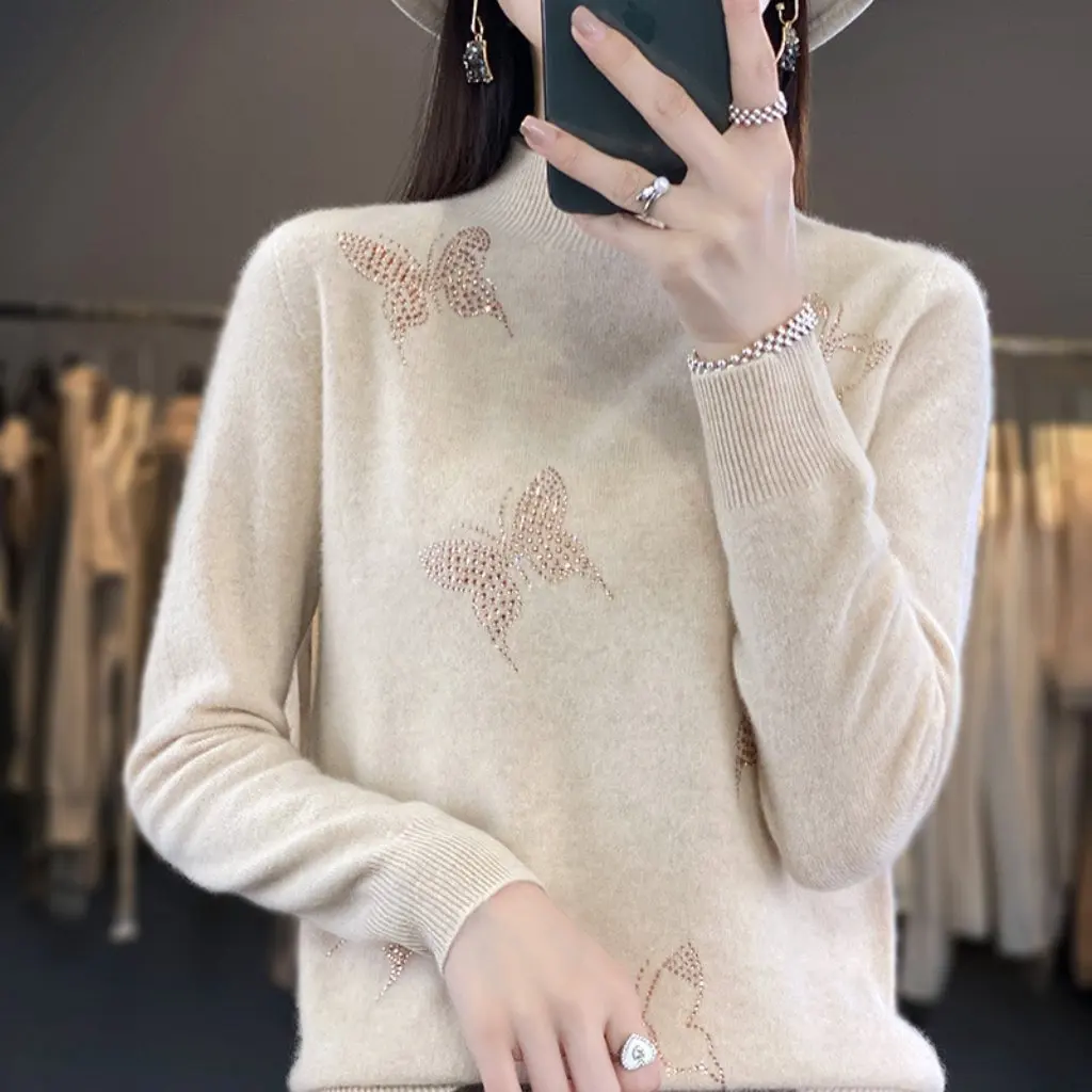 

Autumn Winter Thin round Neck Base Shirt Loose Seamless Knitted Sweater Short Fashion Drilling Top for Women
