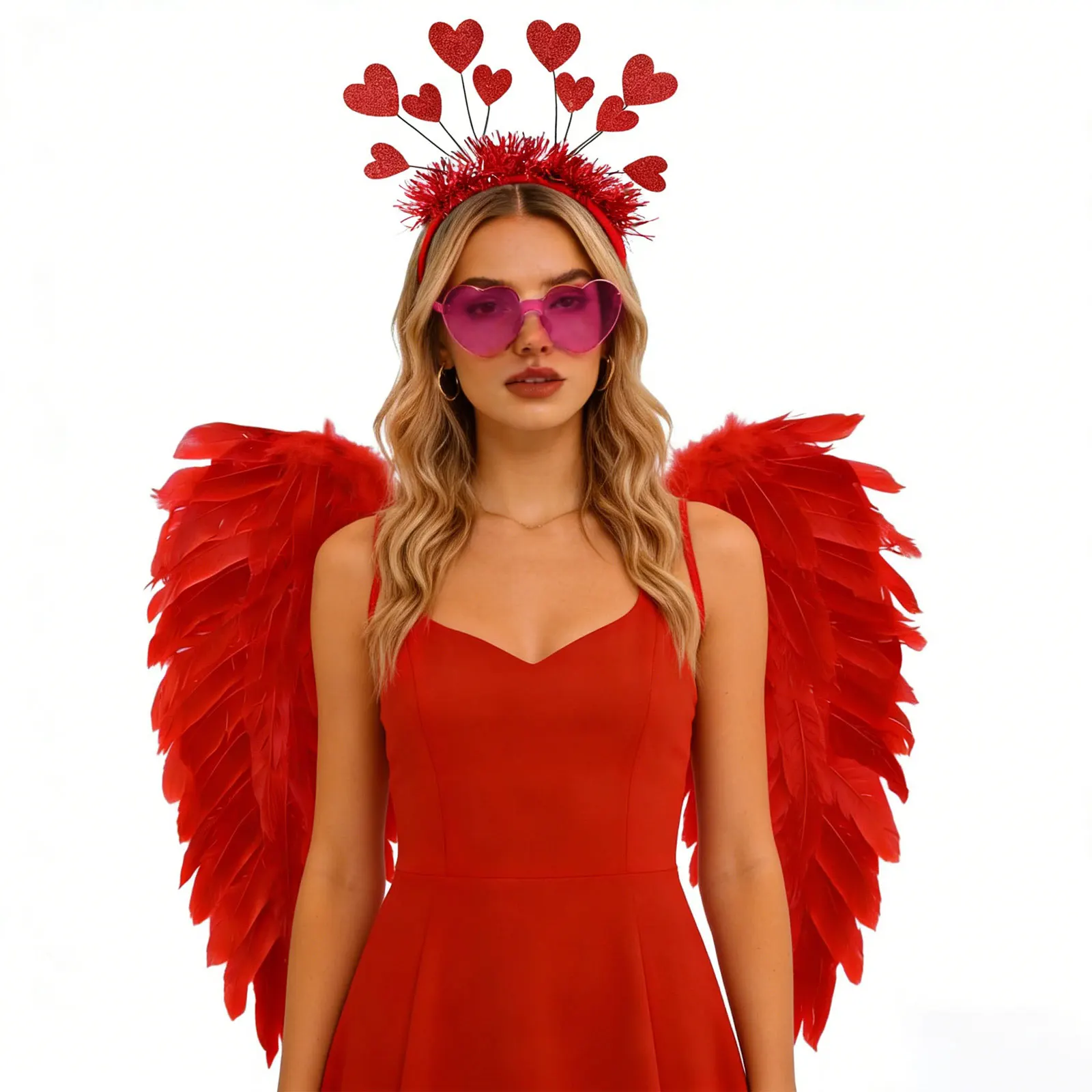ชุดอุปกรณ์แต่งกายวันวาเลนไทน์ 3 ชิ้น ปีกนางฟ้าขนนก พร้อมที่คาดผม และแว่นกันแดดรูปหัวใจ สำหรับงานวันเกิด