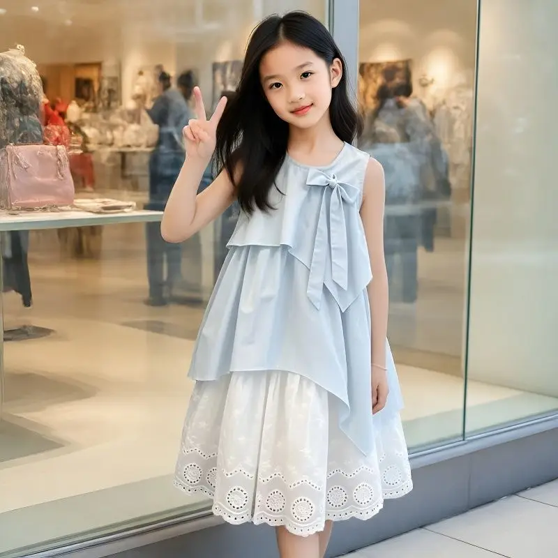 

Girls 2-In-1 Sleeveless Dress, Bow Front Asymmetrical Top + Lace Hem Underskirt, Fashionable and Cute Layered Sundress for Kids