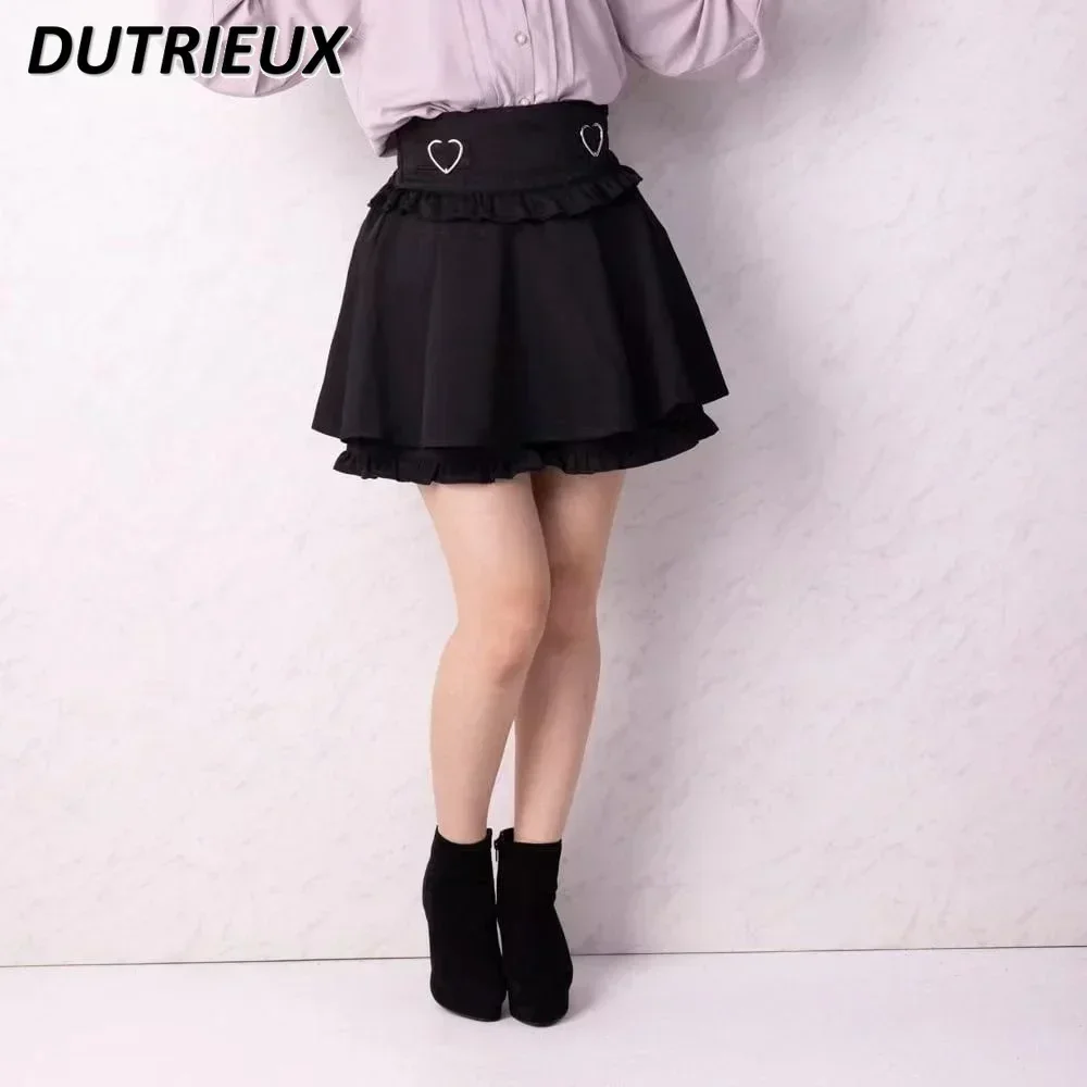 

Japanese Style Women's Skirt Mine Style Lolita Ruffles Lacework Elastic Waist Mini Skirt Culottes Sweet Cute Short Black Skirts