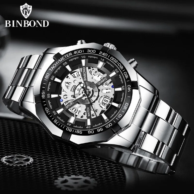 Binbond Top Brand Luxury Mens Watches Fashion Stainless Steel Waterproof Hollow Out Blue Big Male Wristwatches Relogio Masculino